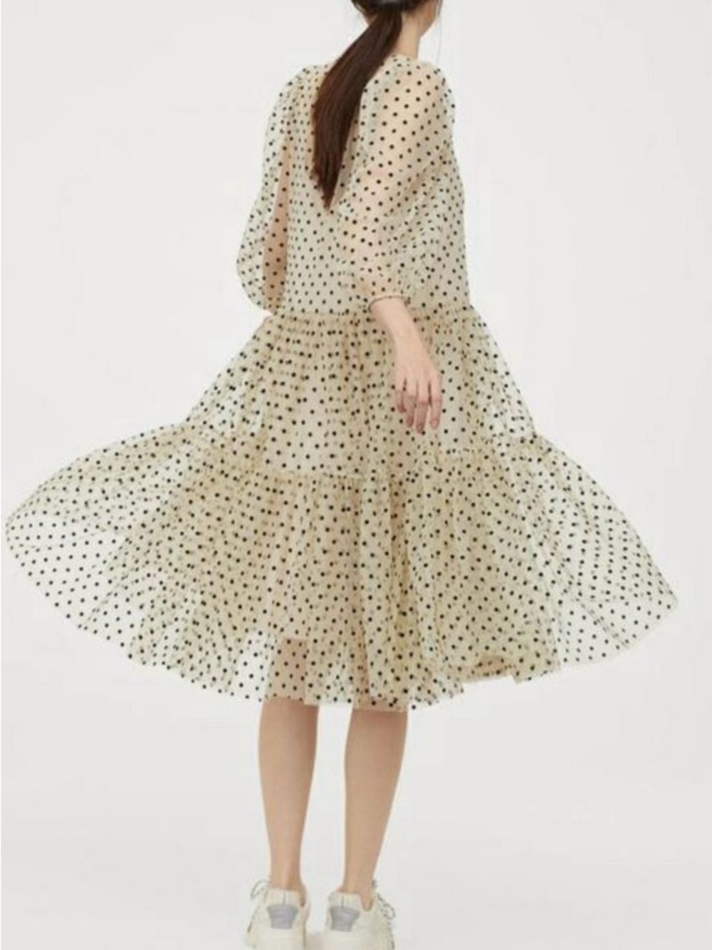 Cream With Black Polka Dot Tulle Tiered Women’s Dress Large